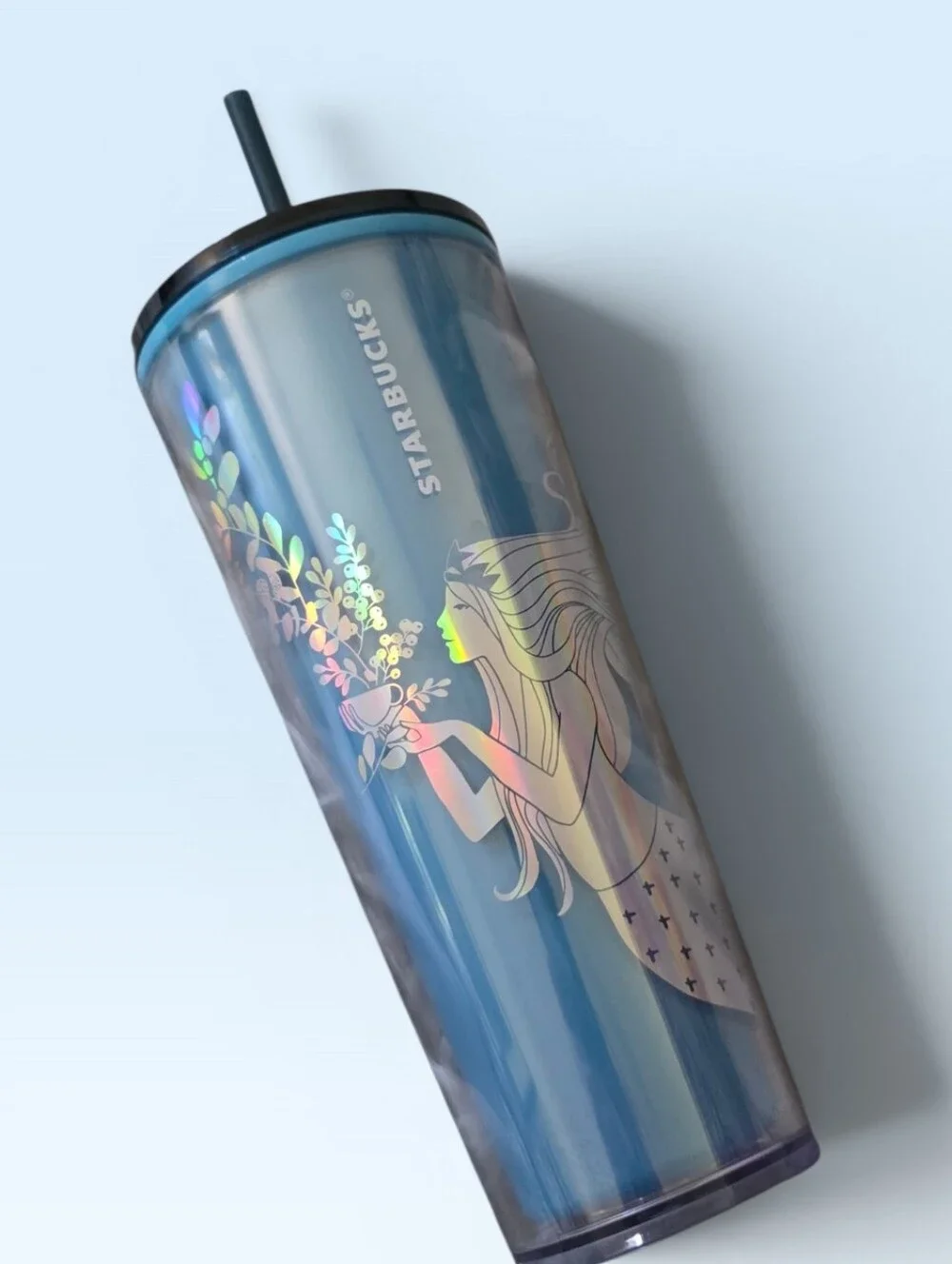 Starbucks Iridescent Blue Mermaid Holographic Tumbler with Teal Colored Straw - Picture 1 of 7